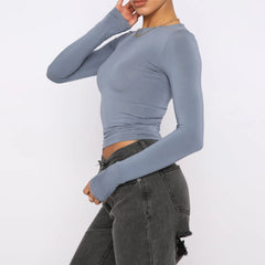 Women's Clothing Fashion Slim Long-sleeved Pullovers Tops Solid Causal Fit Shirts - titoama
