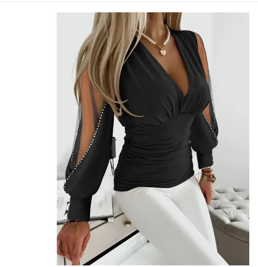 Women's Long Sleeve V-neck Lace Stitching Shirt - titoama
