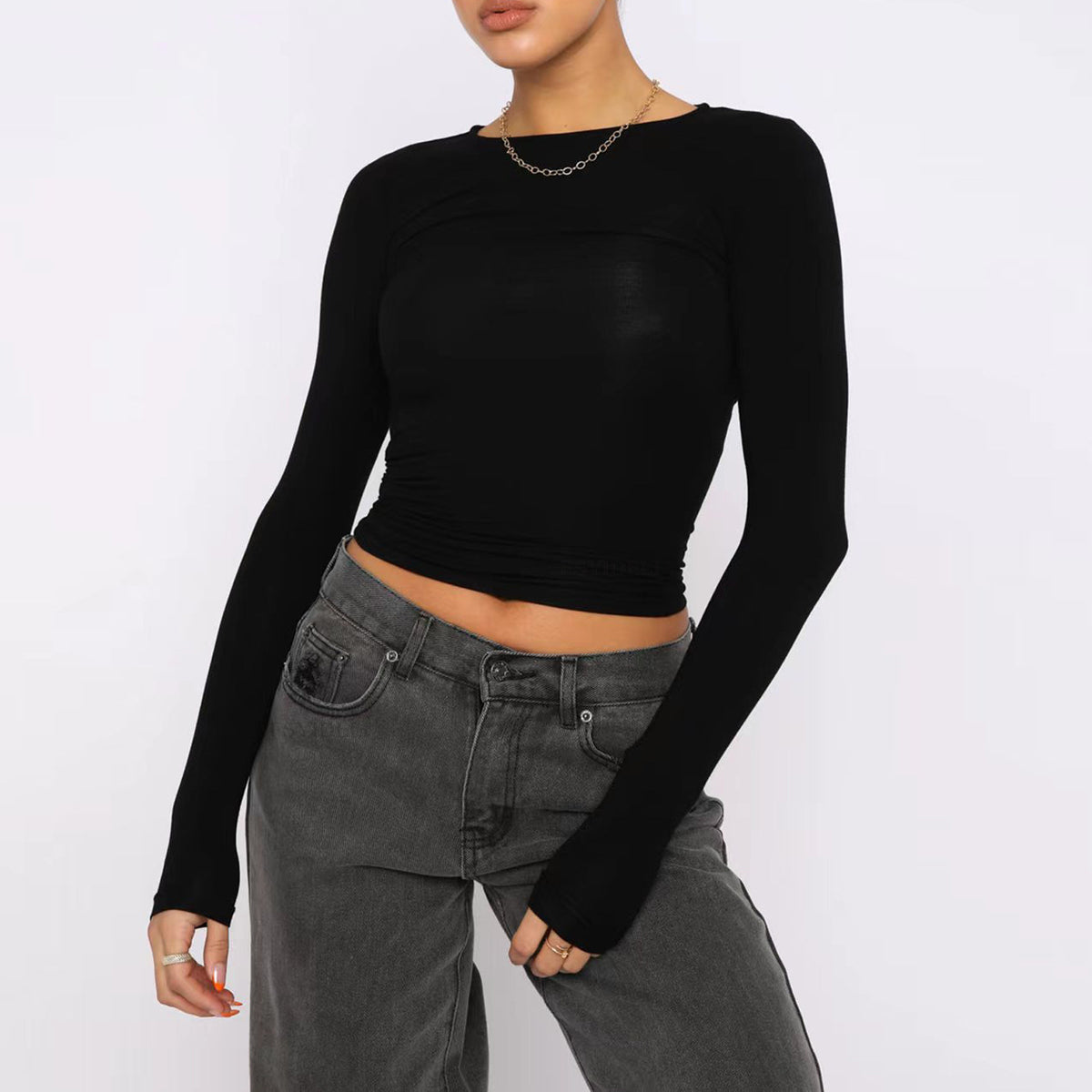 Women's Clothing Fashion Slim Long-sleeved Pullovers Tops Solid Causal Fit Shirts - titoama