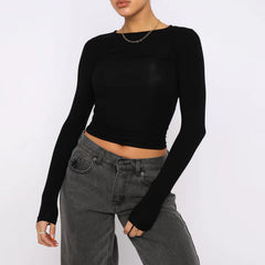 Women's Clothing Fashion Slim Long-sleeved Pullovers Tops Solid Causal Fit Shirts - titoama