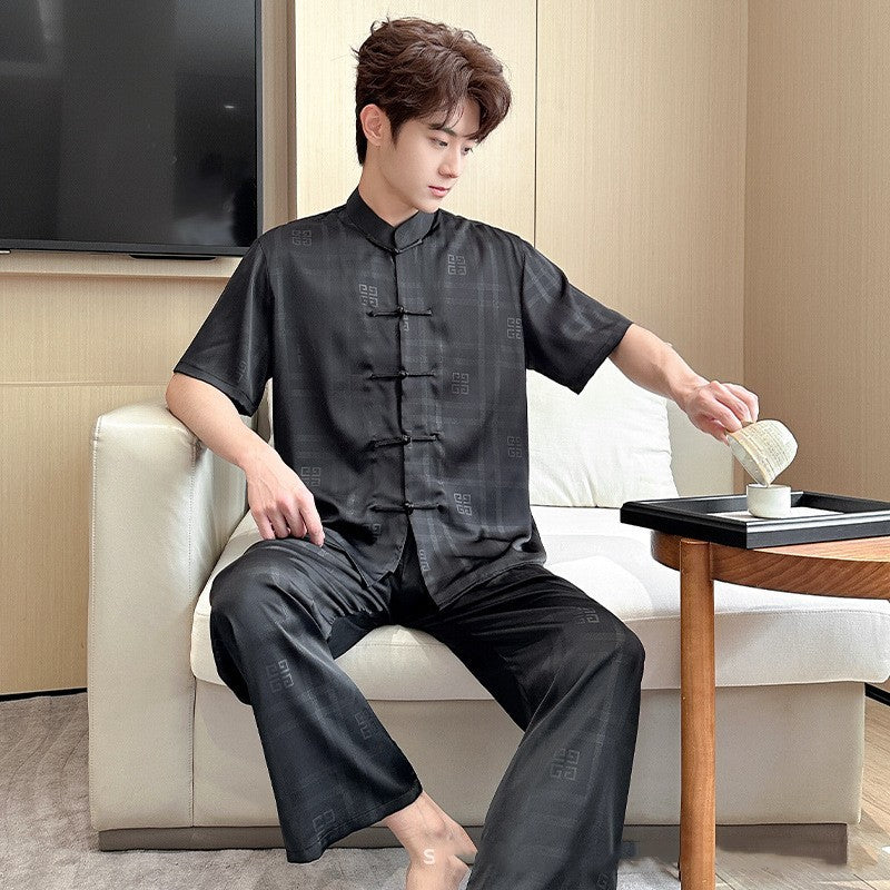 Summer Men's Pajamas Ice Silk Trousers Short Sleeve Suit - titoama