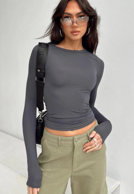 Women's Clothing Fashion Slim Long-sleeved Pullovers Tops Solid Causal Fit Shirts - titoama