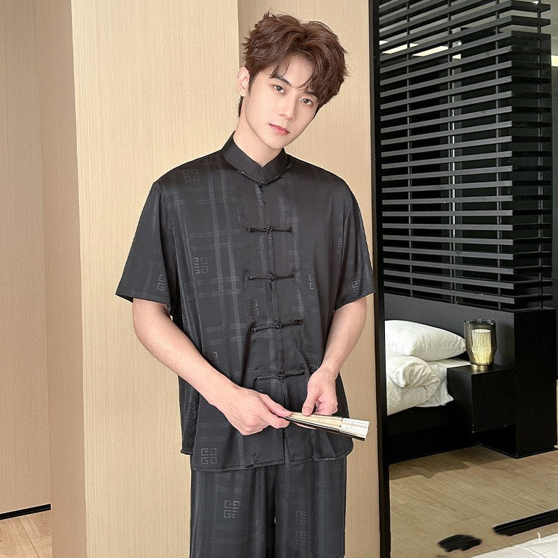Summer Men's Pajamas Ice Silk Trousers Short Sleeve Suit - titoama
