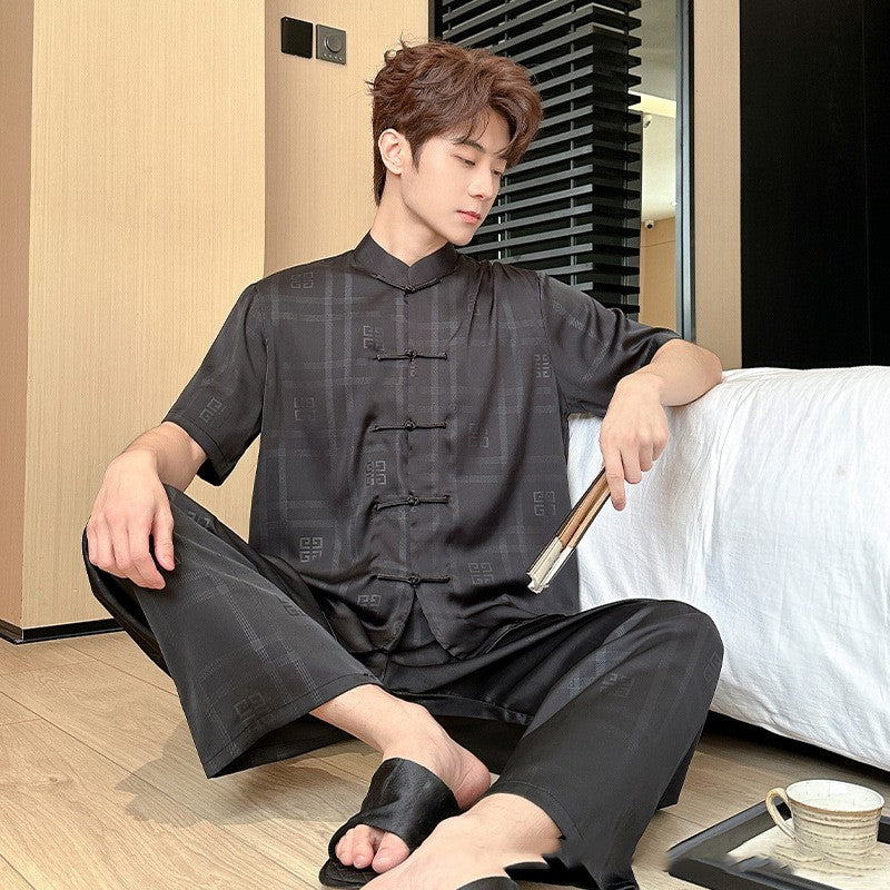 Summer Men's Pajamas Ice Silk Trousers Short Sleeve Suit - titoama