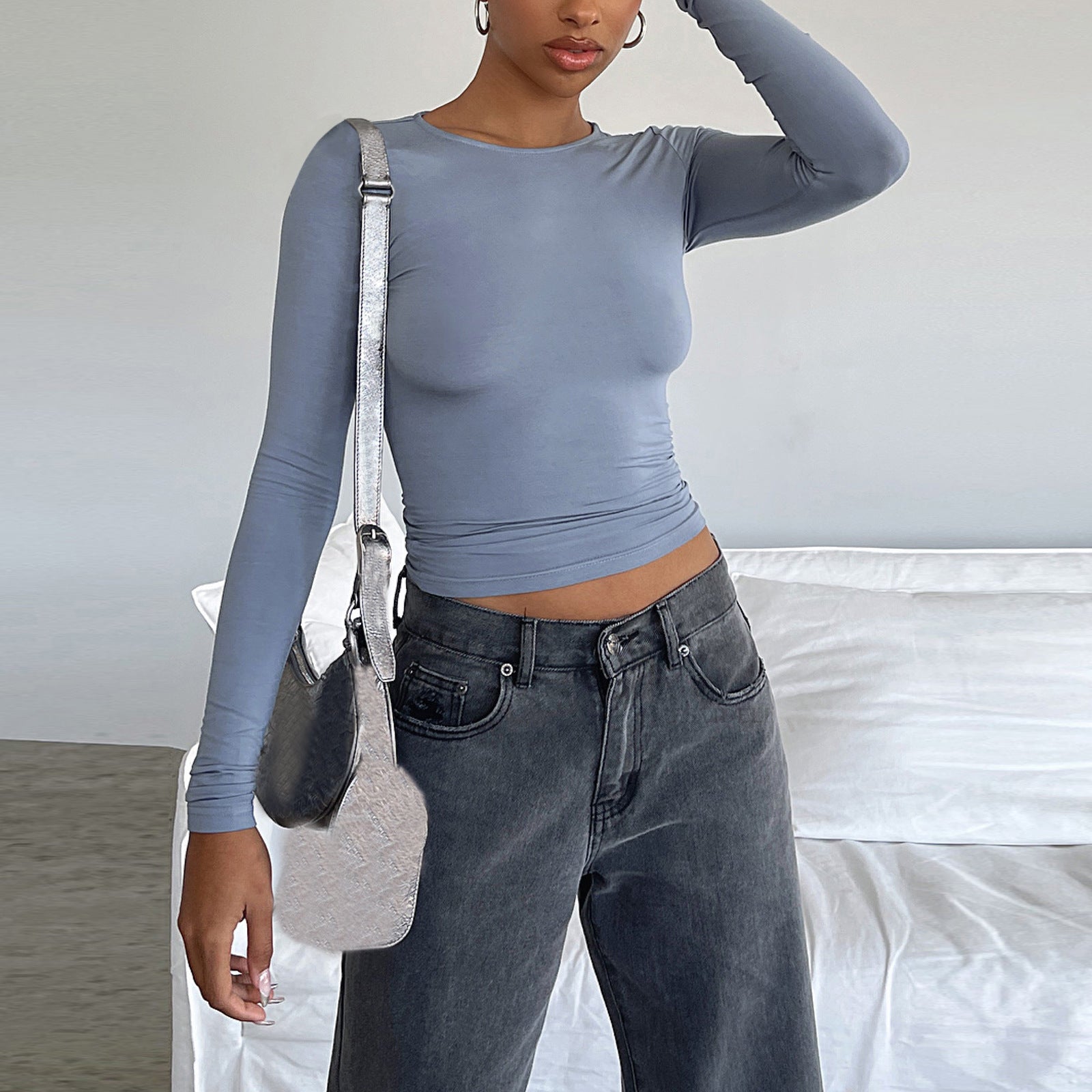 Women's Clothing Fashion Slim Long-sleeved Pullovers Tops Solid Causal Fit Shirts - titoama