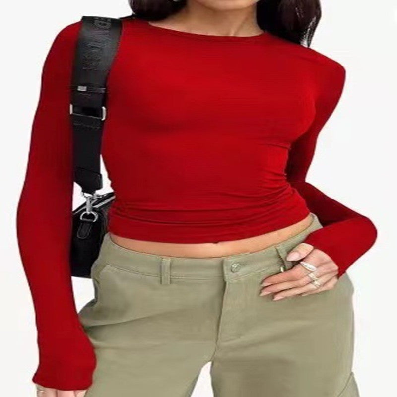 Women's Clothing Fashion Slim Long-sleeved Pullovers Tops Solid Causal Fit Shirts - titoama