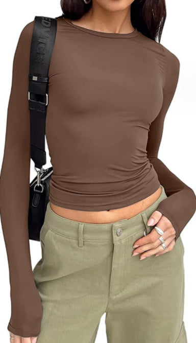 Women's Clothing Fashion Slim Long-sleeved Pullovers Tops Solid Causal Fit Shirts - titoama