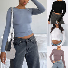 Women's Clothing Fashion Slim Long-sleeved Pullovers Tops Solid Causal Fit Shirts - titoama
