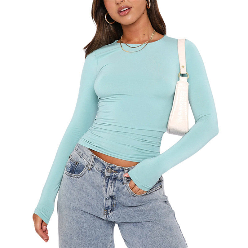 Women's Clothing Fashion Slim Long-sleeved Pullovers Tops Solid Causal Fit Shirts - titoama